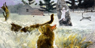 Jamie Wyeth, Birding, Fifth in a Suite of Untoward Occurrences on Monhegan Island, 2014, combined mediums on board, 19 1/2 x 39 1/2 inches